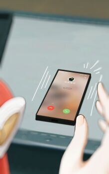 1boy 1girl a_zhen absurdres astra_yao bird black_bird cellphone chinese_text emoji highres incoming_call notice_lines object_focus phone simplified_chinese_text smartphone thinking_emoji translation_request wise_(zenless_zone_zero) zenless_zone_zero