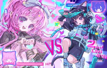 2girls absurdres ahoge animal_ears artist_request black_hair black_shorts black_tail blue_scarf borrowed_character bow cat_ears cat_girl cat_tail commission corset dispersion_(optics) dual_wielding energy_gun flower_symbol gun hair_bow health_bar heart heart_hands highres holding holding_gun holding_weapon lolita_fashion multiple_girls open_mouth original pink_eyes pink_hair ribbed_socks scarf second-party_source shoes short_sleeves shorts sneakers socks split_screen striped_clothes striped_scarf sweatdrop tail teeth upper_teeth_only vs weapon white_bow white_shoes white_socks