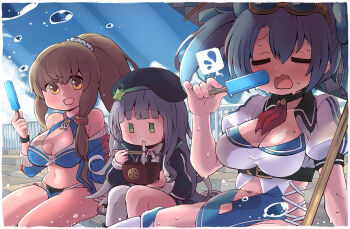 Rule 34 | 3girls, breasts, cleavage, clothing cutout, commentary request, day, es (eisis), eyewear on head, food, green eyes, hat, highres, jacket, long hair, mist train girls, multiple girls, navel, navel cutout, open clothes, open jacket, popsicle, single thighhigh, skull ornament, tagme, thighhighs