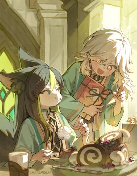 2boys aged_down akademiya_uniform alternate_costume animal_ears artist_name black_hair book box cake closed_mouth commentary cup cyno_(genshin_impact) eating english_commentary food fork fox_boy fox_ears fox_tail genshin_impact gift gift_box green_eyes green_robe green_streaks highres holding holding_book holding_food holding_fork index_finger_raised indoors knife long_hair looking_at_another male_focus multicolored_hair multiple_boys open_mouth puffy_cheeks red_eyes robe sansaguaart sitting standing streaked_hair sunlight swiss_roll tail tighnari_(genshin_impact) white_hair window