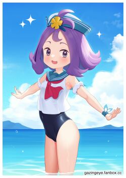 Rule 34 | 1girl, :d, acerola (pokemon), acerola (summer 2024) (pokemon), armlet, black one-piece swimsuit, blush, border, cloud, commentary, day, gazing eye, grey eyes, hat, highres, jewelry, medium hair, nintendo, official alternate costume, one-piece swimsuit, open mouth, outdoors, pokemon, pokemon masters ex, purple hair, ribbon, shirt, sky, sleeveless, sleeveless shirt, smile, solo, sparkle, swimsuit, swimsuit under clothes, topknot, wading, water, watermark, web address, white border, white shirt, wrist ribbon