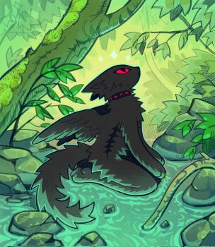 1other androgynous animal_ears black_fur cat_ears cat_tail collar colored_sclera commentary english_commentary feathered_wings furry green_theme highres kitty_(fernwhisker) looking_up original other_focus outdoors plant red_eyes red_sclera river rock seiza sitting solo spiked_collar spikes tail tree water wings