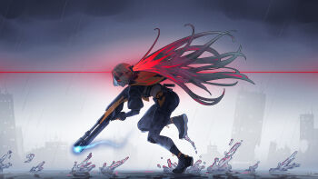 1girl blindfold_mask blonde_hair building camouflage camouflage_pants cape closed_mouth cloud cloudy_sky floating_hair from_side full_body glowing glowing_mask gun head-mounted_display highres holding holding_gun holding_weapon leaning_forward light_trail long_hair mask outdoors pants ponytail profile rain ruins running science_fiction shirakawafel shoes sky solo splashing trigger_(zenless_zone_zero) twitter_username very_long_hair weapon wet_ground yellow_cape zenless_zone_zero