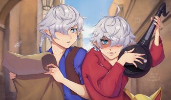 1boy 2girls ahoge alisaie_leveilleur alphinaud_leveilleur artist_name blue_eyes blue_shirt cosplay dynoxter earrings final_fantasy final_fantasy_xiv hair_over_one_eye head_out_of_frame holding holding_instrument holding_map instrument jewelry krile_baldesion_(ff14) lips looking_at_another looking_at_viewer map miguel_(el_dorado) miguel_(el_dorado)_(cosplay) multiple_girls open_mouth otamatone partially_shaded_face red_shirt shirt short_hair siblings single_earring the_road_to_el_dorado tulio_(el_dorado) tulio_(el_dorado)_(cosplay) twins upper_body white_hair