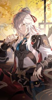 Rule 34 | 1boy, absurdres, arm armor, caisena, chinese commentary, closed mouth, commentary request, cup, dated, hair over one eye, hair ribbon, hand up, highres, holding, holding cup, honkai: star rail, honkai (series), jing yuan, long hair, long sleeves, male focus, pants, red pants, red ribbon, ribbon, shirt, signature, sitting, smile, solo, white hair, white shirt, yellow eyes