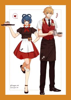 1boy 1girl :d ahoge apron artist_name bandaid bandaid_on_knee bandaid_on_leg black_apron black_footwear black_necktie black_pants black_shirt blonde_hair blue_hair blunt_bangs blush border braid braided_hair_rings buttons cake cake_slice coffee coffee_pot collared_shirt commentary_request crossed_bandaids crossed_bangs cup dark_blue_hair double-breasted double-parted_bangs eyelashes food genshin_impact green_eyes guoba_(genshin_impact) hair_between_eyes hair_ornament hair_over_shoulder hair_rings hairclip hand_on_own_hip hand_up heart highres holding holding_coffee_pot holding_cup holding_tray kimagure_(kimagure_1618) leg_up long_hair looking_at_viewer neckerchief necktie notice_lines open_mouth orange_border pants parted_lips paw_print pinstripe_pattern puffy_short_sleeves puffy_sleeves red_neckerchief red_skirt red_vest shirt shoes short_eyebrows short_hair short_sleeves simple_background skirt smile speech_bubble spoken_heart standing standing_on_one_leg striped_apron striped_clothes striped_shirt striped_skirt striped_vest taroumaru_(genshin_impact) teeth thick_eyebrows thoma_(genshin_impact) tray twin_braids twitter_username upper_teeth_only vertical-striped_apron vertical-striped_clothes vertical-striped_shirt vertical-striped_skirt vertical-striped_vest vest waist_apron white_apron white_background white_shirt wing_collar xiangling_(genshin_impact) yellow_eyes