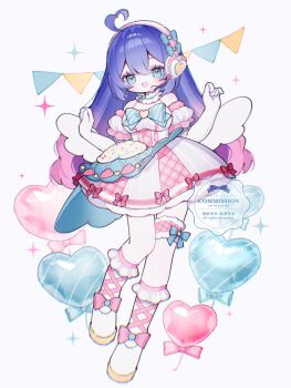 1girl :d ahoge artist_name balloon bare_shoulders blue_bow blue_bowtie blue_eyes blue_hair blush bow bowtie breasts commentary commission double-parted_bangs dress dress_bow elbow_gloves footwear_bow frilled_socks frilled_thigh_strap frills full_body gloves gradient_hair hair_between_eyes hairband hands_up heart heart_ahoge heart_balloon highres long_hair looking_at_viewer medium_breasts multicolored_hair open_mouth original pink_hair pink_hairband red_bow shoes short_sleeves simple_background smile socks solo sparkle standing striped_bow striped_bowtie striped_clothes thigh_strap upa_papa_co watermark white_background white_dress white_gloves white_shoes white_socks