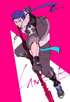 absurdres blue_hair cu_chulainn_(fate) cu_chulainn_(honkai:_star_rail)_(fate) cu_chulainn_(lancer)_(fate) fate/stay_night fate_(series) fighting_stance gae_bolg_(fate) gloves highres holding holding_polearm holding_weapon looking_at_viewer male_focus pink_background polearm ponytail smile solo spear spiked_hair weapon
