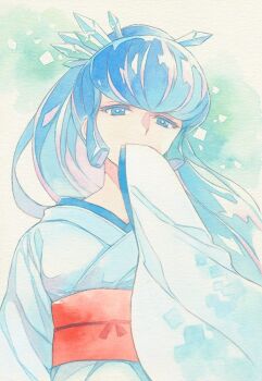 1girl agahari blue_eyes blue_hair blue_kimono commentary_request covering_own_mouth hand_up japanese_clothes kimono long_hair long_sleeves looking_at_viewer obi oyuki_(urusei_yatsura) ponytail red_sash sash sleeves_past_fingers sleeves_past_wrists solo upper_body urusei_yatsura wide_sleeves