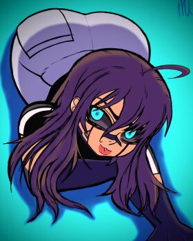 1girl ahoge artist_name ass black_sclera black_shirt blue_eyes brown_hair colored_sclera glowing glowing_eyes grey_pants highres long_hair maya_(mayaafterdark) mayaafterdark original pants pocket shark_tooth shirt signature simple_background single_tooth smile solo sweatpants