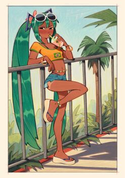 1girl anklet aqua_hair bead_anklet bead_belt beads bikini bikini_under_clothes blue_shorts bracelet brazilian_flag brazilian_flag_print brazilian_miku commentary cropped_shirt cup dark-skinned_female dark_skin day drinking drinking_straw eyewear_on_head flag_print flip-flops flower friedbaens hair_flower hair_ornament hatsune_miku highleg highleg_bikini highres holding holding_cup jewelry long_hair looking_at_viewer midriff navel outdoors palm_tree print_shirt sandals shirt short_shorts shorts solo standing sunglasses swimsuit tan tree twintails vocaloid
