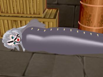 1girl 3d bdsm bondage bound gag gagged grey_hair latex lock source_request