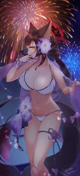 1girl absurdres animal_ears bikini black_hair blue_archive breasts collarbone commentary_request fireworks flower fox_ears fox_girl fox_tail hair_flower hair_ornament halo highres large_breasts navel partial_commentary profile purple_flower red_halo rokugatsu_shigure solo swimsuit tail wakamo_(blue_archive) wakamo_(swimsuit)_(blue_archive) white_bikini yellow_eyes