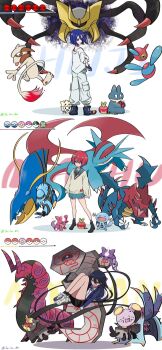 1boy 2girls alternate_color amate_yuzuriha applin aqua_eyes aqua_shirt aqua_skirt artist_name black_hair blue_hair cherish_ball clawitzer claws closed_eyes closed_mouth collared_shirt colored_inner_hair commentary_request crossover dive_ball dragon druddigon gen_2_pokemon gen_3_pokemon gen_4_pokemon gen_5_pokemon gen_6_pokemon gen_7_pokemon gen_8_pokemon giratina giratina_(origin) gloves gundam gundam_gquuuuuux hasu_175 heal_ball highres holding jacket legendary_pokemon long_hair long_sleeves looking_at_viewer love_ball moon_ball morpeko morpeko_(full) multicolored_hair multiple_girls munchlax necktie nintendo nyaan_(gundam_gquuuuuux) open_mouth poke_ball poke_ball_(basic) pokemon pokemon_(creature) porygon-z premier_ball purple_hair quick_ball red_eyes red_hair runerigus salamence school_uniform scolipede shiny_pokemon shirt short_hair shuji_ito skirt smeargle smile sweater togepi toxapex toxel twitter_username two-tone_hair whismur white_background white_shirt wings wooper yellow_eyes