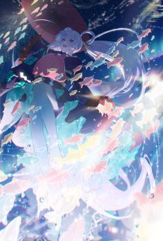 Rule 34 | 1girl, absurdres, backlighting, bare shoulders, blue eyes, blue kimono, cho kaguya-hime!, commentary request, fish, floating hair, flying fish, glowing, hair ornament, hair rings, hair stick, highres, japanese clothes, kimono, long hair, long sleeves, looking at viewer, night, octopus, oil-paper umbrella, open mouth, red umbrella, runami yachiyo, school of fish, sky, smile, solo, twintails, umbrella, very long hair, white hair, yurun (yurun ume)