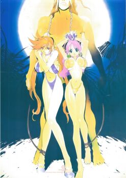 1990s_(style) 1boy 2girls ahoge angry arms_up artist_name ball_earrings ballet_slippers bdsm bikini blue_slingshot_swimsuit bondage bound bound_wrists breasts breasts_apart brown_eyes chain collarbone cool_devices copyright_name covered_erect_nipples earrings episode_title faceless faceless_male full_body full_moon glaring gluteal_fold gold_earrings green_eyes hand_on_own_chest head_down highleg highleg_bikini hip_bones imminent_rape jewelry jungle kirei_(cool_devices) knees_together_feet_apart kotoyoshi_yumisuke leash legs long_hair looking_at_viewer menacing midriff moon multiple_girls musaceae nature navel night open_mouth orange_hair outdoors palm_leaf palm_tree partially_visible_vulva pink_hair restrained retro_artstyle rui_(cool_devices) shadow shiny_skin size_difference skinny sky slingshot_swimsuit spiked_cuffs spiked_hair spread_toes swimsuit thong_bikini tiptoes toes tree tropical twintails yellow_bikini