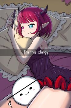 absurdres between_thighs black_nightgown blue_eyes blush cellphone guyrys head_between_thighs head_on_pillow heterochromia highres holding holding_phone hololive hololive_english horns i&#039;m_this_clingy_(meme) irys_(hololive) looking_at_phone lying meme multicolored_hair nightgown on_side phone pillow pointy_ears purple_hair red_hair screen_light shadowsky_exe smartphone stick_figure thumbs_up virtual_youtuber