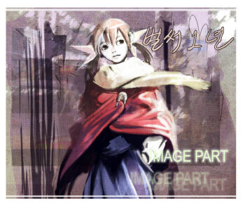 1girl abstract_background archived_source artist_name blue_dress border brown_hair cloak clothes_pin cowboy_shot double-parted_bangs dress hair_ribbon hand_in_pocket kim_soo-min_(image_part) lips looking_to_the_side low_twintails medium_hair muted_color nostrils original red_cloak ribbon scarf solo twintails white_border white_ribbon white_sleeves yellow_scarf