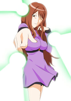 1girl breasts brown_eyes brown_hair closed_mouth commentary_request cowboy_shot dress energy energy_ball energy_beam hair_between_eyes hand_up jack-barro large_breasts long_hair long_sidelocks long_sleeves looking_at_viewer mugino_shizuri one_eye_closed outstretched_arm partial_commentary plasma pointing pointing_at_viewer psychic purple_dress short_dress shorts_under_dress sidelocks simple_background smile solo standing toaru_kagaku_no_railgun toaru_kagaku_no_railgun_s toaru_majutsu_no_index wavy_hair white_background wink