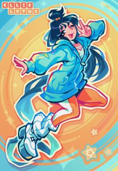 Rule 34 | 1girl, black hair, blue hoodie, cube hair ornament, ellie lotus, gen 1 pokemon, grey eyes, hair ornament, highres, hood, hood down, hoodie, jacket, leggings, lida (pokemon), long hair, long sleeves, looking at viewer, nintendo, one eye closed, open mouth, orange leggings, pokemon, pokemon (creature), pokemon legends: z-a, ribbed socks, shirt, shoes, smile, socks, staryu, topknot, two-tone legwear, v, white leggings, white shirt, white socks, wispy bangs