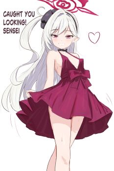 1girl absurdres blue_archive breasts dress english_text feet_out_of_frame flygombal grin halo highres long_hair looking_at_viewer mutsuki_(blue_archive) mutsuki_(dress)_(blue_archive) pointy_breasts pointy_ears purple_eyes red_dress red_halo simple_background sleeveless sleeveless_dress small_breasts smile solo white_background white_hair