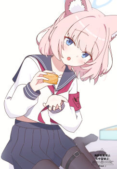 1girl :o absurdres animal_ear_fluff animal_ears armband black_pantyhose black_sailor_collar black_skirt blue_archive blue_eyes blue_halo blunt_bangs blurry blush depth_of_field dutch_angle food fox_ears fox_girl halo hands_up has_bad_revision highres holding holding_food incoming_food knees_out_of_frame long_sleeves looking_at_viewer medium_hair midriff_peek miniskirt neckerchief nepi_r niko_(blue_archive) no_shoes open_mouth pantyhose pink_hair pleated_skirt red_armband red_neckerchief sailor_collar school_uniform serafuku shirt simple_background sitting skindentation skirt solo thigh_strap watermark white_background white_shirt yokozuwari