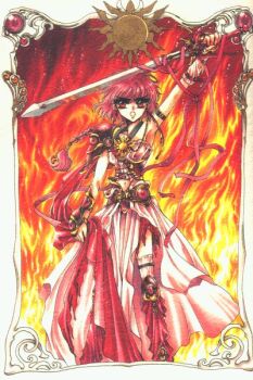 1990s_(style) 1girl armor armored_dress braid clamp cover cover_page dress female_focus fire long_hair magic_knight_rayearth midriff official_art red_background red_eyes red_hair red_theme retro_artstyle ribbon shidou_hikaru single_braid solo sun_symbol sword weapon