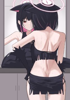 1girl absurdres anal_beads anal_tail animal_ears bare_arms bare_shoulders bikini black_bikini black_gloves black_hair blue_archive butt_crack butt_plug cat_ears cat_girl colored_inner_animal_ears colored_inner_hair elbow_gloves extra_ears fake_tail from_behind gloves halo highres kazusa_(blue_archive) kazusa_(halloween)_(blue_archive) momocadraw multicolored_hair official_alternate_costume pink_hair pink_halo red_eyes short_hair solo sweat swimsuit tail two-tone_hair