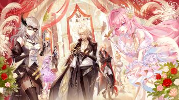 3boys 4girls absurdres aglaea_(honkai:_star_rail) anaxa_(honkai:_star_rail) black_coat black_gloves black_pants blonde_hair breasts castorice_(honkai:_star_rail) cleavage coat commentary crossed_arms cup cyrene_(honkai:_star_rail) cyrene_(ripples_of_past_reverie)_(honkai:_star_rail) diamond-shaped_pupils diamond_(shape) dress english_commentary eye_mask flower fylus gloves green_hair grey_hair highres holding holding_cup holding_mask honkai:_star_rail honkai_(series) indoors large_breasts long_hair looking_at_viewer mask medium_hair multiple_boys multiple_girls mydei_(honkai:_star_rail) pants phainon_(honkai:_star_rail) phainon_(khaslana)_(honkai:_star_rail) pink_hair pointy_ears purple_eyes purple_hair reaching reaching_towards_viewer red_flower red_rose rose second-party_source shirt short_hair smile stelle_(honkai:_star_rail) symbol-shaped_pupils trailblazer_(honkai:_star_rail) very_long_hair white_dress white_shirt