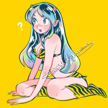 1girl ? animal_print bikini breasts cleavage cone_hair_bun eyelashes full_body gradient_hair hair_bun highres long_hair looking_to_the_side lum muda_rengou_to_ziggy_stardust multicolored_hair open_mouth pointy_ears print_bikini print_boots sidelocks signature sitting solo swimsuit tiger_print urusei_yatsura wariza yellow_background