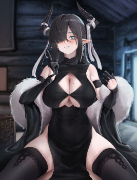 1girl :d absurdres arknights qalaisa_(arknights) black_dress black_gloves black_thighhighs blue_eyes blush breasts brown_hair cleavage cleavage_cutout clothing_cutout cowboy_shot dress feather_boa gloves grin hair_over_one_eye half_gloves hand_up highres horns huge_breasts index_finger_raised indoors large_breasts legs_apart log_cabin long_hair looking_at_viewer mildt mole mole_on_breast one_eye_covered open_mouth pelvic_curtain pointy_ears side_slit sidelocks signature skindentation smile solo teeth thick_thighs thighhighs thighs wooden_wall