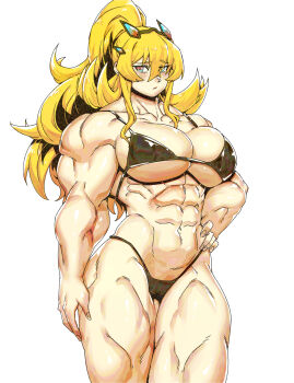 Rule 34 | 1girl, abs, absurdres, bare shoulders, barghest (fate), biceps, bikini, black bikini, blonde hair, blue eyes, blush, breasts, cleavage, commentary, english commentary, fate/grand order, fate (series), high ponytail, highres, horns, large breasts, long hair, looking at viewer, minew, muscular, muscular female, navel, ponytail, sidelocks, solo, swimsuit, thick thighs, thighs