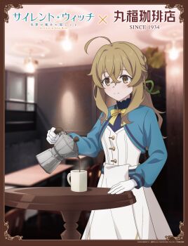 Rule 34 | 1girl, absurdres, ahoge, anime coloring, blue jacket, blurry, blush, bow, braid, breasts, brown eyes, brown hair, closed mouth, coffee, copyright name, cowboy shot, crossed bangs, cup, gloves, green ribbon, hair between eyes, hair ribbon, highres, holding, holding coffee pot, indoors, jacket, long hair, long sleeves, monica everett, nitanda cona, official art, pouring, ribbon, sidelocks, silent witch, small breasts, smile, solo, standing, steam, table, white gloves, yellow bow