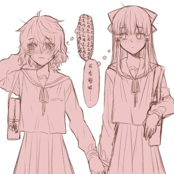 2girls alternate_costume bag bag_charm blush bow braid broom charm_(object) chinese_text closed_mouth commentary_request hair_bow hair_tubes hakurei_reimu hitte5416 holding_hands kirisame_marisa long_sleeves mini-hakkero monochrome multiple_girls no_headwear red_theme sailor_collar sailor_shirt school_uniform shirt shoulder_bag side_braid simple_background single_braid skirt speech_bubble sweat thought_bubble touhou translation_request white_background yuri