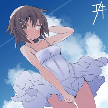 1girl blue_sky breasts brown_eyes brown_hair cloud cloudy_sky day dress enoki_p furutaka_(kancolle) glowing glowing_eye hair_ornament hairclip highres kantai_collection looking_at_viewer open_mouth outdoors short_hair sky smile sundress yellow_eyes