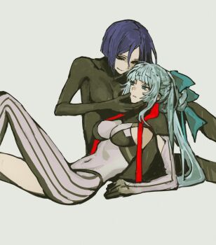 Rule 34 | 2girls, black bodysuit, black eyes, bodysuit, bow, breasts, closed mouth, commentary request, covered navel, expressionless, fate/grand order, fate (series), gomgae1010, green bow, green eyes, green hair, grey background, hair bow, impossible bodysuit, impossible clothes, kishimen hair, korean commentary, long hair, looking at another, medium breasts, multicolored bodysuit, multiple girls, navel, parted lips, purple hair, short hair, sidelocks, simple background, sitting, sketch, smile, ushi gozen (fate), yui shousetsu (fate), yui shousetsu (first ascension) (fate)