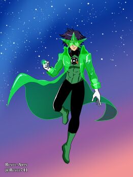 1boy absurdres black_bodysuit black_hair blue_hair bodysuit core_drill cosplay covered_abs crossover dc_comics death_battle drill gloves green_bodysuit green_lantern green_lantern_(cosplay) green_lantern_(series) green_lantern_corps highres jewelry kamina_shades male_focus multicolored_bodysuit multicolored_hair power_ring_(green_lantern) revel_(revel741) ring short_hair simon_(ttgl) simon_shades superhero_costume tengen_toppa_gurren_lagann triangular_eyewear two-tone_bodysuit two-tone_hair white_gloves