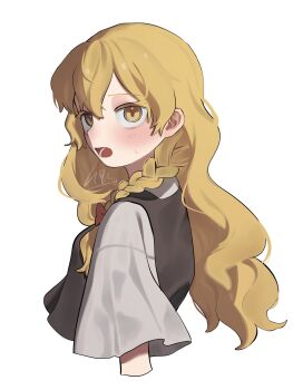 1girl blush bow braid hair_bow highres kirisame_marisa long_hair looking_at_viewer niru_(ka_k_0517) no_headwear open_mouth red_bow short_sleeves side_braid signature simple_background single_braid solo sweatdrop touhou white_background yellow_eyes