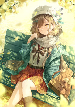 1girl absurdres autumn autumn_leaves belt belt_buckle black_bow black_socks bow briefcase brown_hair buckle newsboy_cap closed_mouth daidai_(daidai826) dappled_sunlight day enpera falling_leaves feet_out_of_frame ginkgo_leaf grey_scarf hair_ornament hairclip hat hat_feather highres kneehighs leaf long_hair original outdoors plaid_clothes plaid_scarf pleated_skirt red_skirt scarf school_briefcase school_uniform serafuku shirt sitting skirt smile socks solo sunlight swing twitter_username very_long_hair white_hat white_shirt x_hair_ornament yellow_eyes