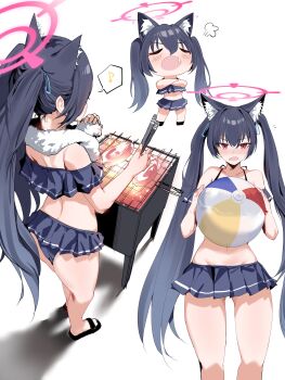 1girl absurdres animal_ear_fluff animal_ears ball beachball bikini bikini_skirt black_bikini black_hair blue_archive blush cat_ears chibi cooking frilled_bikini frills hair_ribbon halo highres long_hair multiple_views off-shoulder_bikini off_shoulder plentyofempty red_eyes ribbon serika_(blue_archive) serika_(swimsuit)_(blue_archive) solo_focus swimsuit twintails very_long_hair