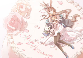 1girl ^_^ absurdres amiya_(arknights) animal_ear_fluff animal_ears anniversary arknights bare_shoulders black_jacket blue_shoes brown_hair brown_pantyhose cake character_doll closed_eyes commentary_request copyright_name doctor_(arknights) doll dress facing_viewer flower food gradient_background hair_between_eyes highres in_food innoarukugyou jacket kal'tsit_(arknights) long_hair long_sleeves lying mini_person minigirl off_shoulder on_back open_clothes open_jacket pantyhose petals pink_background pink_flower pink_rose puffy_long_sleeves puffy_sleeves rabbit_ears rose shoes sleeveless sleeveless_dress smile theresa_(arknights) very_long_hair white_background white_dress