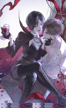 1boy 1girl ada_wong arm_around_another's_waist bite_mark bite_mark_on_neck black_boots black_cape black_gloves black_hair black_pants blood blood_from_mouth boots breasts brown_hair cape collared_shirt commentary crossed_legs cup drinking_glass gloves half_gloves hand_on_another's_chin hetero highres holding holding_cup leon_s._kennedy medium_breasts misha12450 one_eye_closed pants parted_bangs petals pointy_ears red_petals resident_evil shirt short_hair sitting sitting_on_lap sitting_on_person smile vampire white_shirt wine_glass