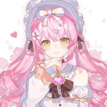 1girl abby_riddle bare_shoulders blush bonnet bow closed_mouth drill_hair female_focus flower frills green_eyes hair_bow hair_ornament hand_up heart highres honkai:_nexus_anima honkai_(series) long_hair long_sleeves looking_at_viewer parayaya_(honkai:_nexus_anima) pink_hair smile solo twin_drills upper_body white_background white_bow