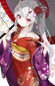 1girl :3 absurdres alternate_costume blunt_bangs center-flap_bangs collarbone commentary_request cowboy_shot fang fang_out floral_background floral_print floral_print_kimono flower furisode grey_hair hair_between_eyes hair_between_horns hair_flower hair_ornament haori hashtag-only_commentary highres holding holding_umbrella hololive horns japanese_clothes kanzashi kimono layered_kimono long_hair looking_at_viewer multicolored_hair nakiri_ayame nakiri_ayame_(new_year) nekonosuke nengajou new_year obi obiage obijime official_alternate_costume official_alternate_hairstyle oil-paper_umbrella oni ponytail print_kimono purple_haori red_eyes red_kimono red_streaks sash shirt_slip side_ponytail single_hair_streak skin-covered_horns solo streaked_hair tassel tassel_hair_ornament umbrella virtual_youtuber w_arms