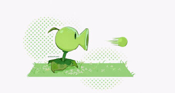 black_eyes commentary_request film_grain from_side grey_background halftone halftone_background hightguy leaf motion_lines no_humans on_grass peas peashooter_(plants_vs._zombies) plant plant_focus plants_vs._zombies profile simple_background solid_oval_eyes solo