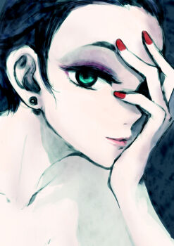 Rule 34 | 1girl, black hair, covering one eye, earrings, eyeshadow, female focus, green eyes, hand over face, jewelry, lips, lipstick, makeup, nail polish, original, red nails, short hair, smile, solo, tima