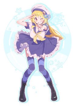 1girl black_boots blonde_hair blue_sailor_collar blue_skirt blue_thighhighs blush boots commentary_request frilled_skirt frills full_body grin hat highres long_hair looking_at_viewer magia_record:_mahou_shoujo_madoka_magica_gaiden mahou_shoujo_madoka_magica neckerchief one_eye_closed red_eyes sailor_collar school_uniform serafuku serizawa_serizane shirt short_sleeves skirt smile solo standing striped_clothes striped_thighhighs thighhighs togame_momoko white_hat white_shirt yellow_neckerchief zettai_ryouiki