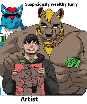 3boys abs animal_ears arm_hair artist_self-insert bara beard blush brown_fur chest_hair completely_nude dog_boy dog_ears dopey_(dopq) english_text facial_hair furry furry_male furry_with_non-furry heart heart-shaped_pupils highres interspecies large_pectorals male_focus mature_male meme money multiple_boys muscular muscular_male nude original parody pectorals short_hair size_difference symbol-shaped_pupils thick_eyebrows upper_body yaoi