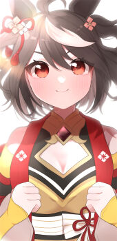 1girl absurdres ahoge animal_ears black_gemstone black_hair blush bow breasts chanchanko_(clothes) cleavage closed_mouth detached_sleeves ear_ornament ear_ribbon gem hair_between_eyes hair_ornament highres horse_ears horse_girl kitasan_black_(crowning_ooban)_(umamusume) kitasan_black_(umamusume) kouhaku_nawa kurumiya_(krmy_p) looking_at_viewer multicolored_hair red_eyes rope shimenawa short_hair simple_background smile solo streaked_hair umamusume upper_body white_hair