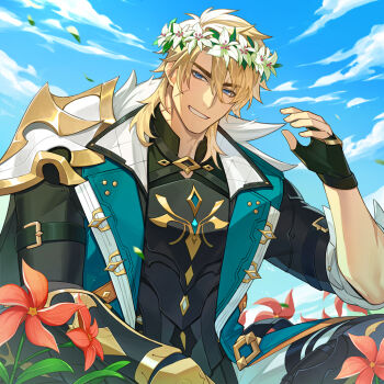 Rule 34 | 1boy, armor, asymmetrical gloves, black gloves, black shirt, blonde hair, blue eyes, blue sky, cecilia flower (genshin impact), cloud, coat, commentary, day, english commentary, facial scar, fingerless gloves, flower, flower wreath, fur-trimmed coat, fur trim, gauntlets, genshin impact, gloves, grin, hair between eyes, hand up, head wreath, lapels, looking at viewer, male focus, medium hair, mismatched gloves, open clothes, open coat, orange flower, outdoors, pants, parted bangs, pauldrons, scar, scar on arm, scar on cheek, scar on face, scar on neck, shirt, short sleeves, shoulder armor, single gauntlet, single pauldron, sitting, sky, smile, solo, teeth, thigh strap, tooaya, vambraces, varka (genshin impact), white pants, windwheel aster (genshin impact)